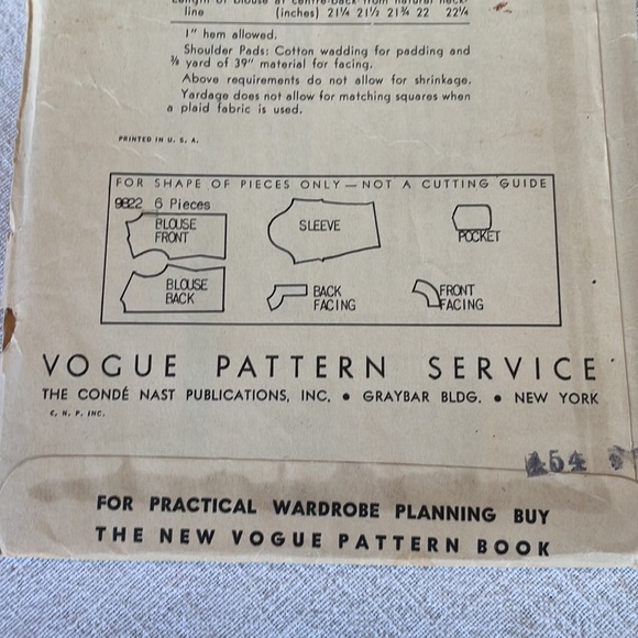 Vintage Vogue Pattern, 9822, size 16, bust 34, hip 37, ca 1940's - Picture 3 of 9